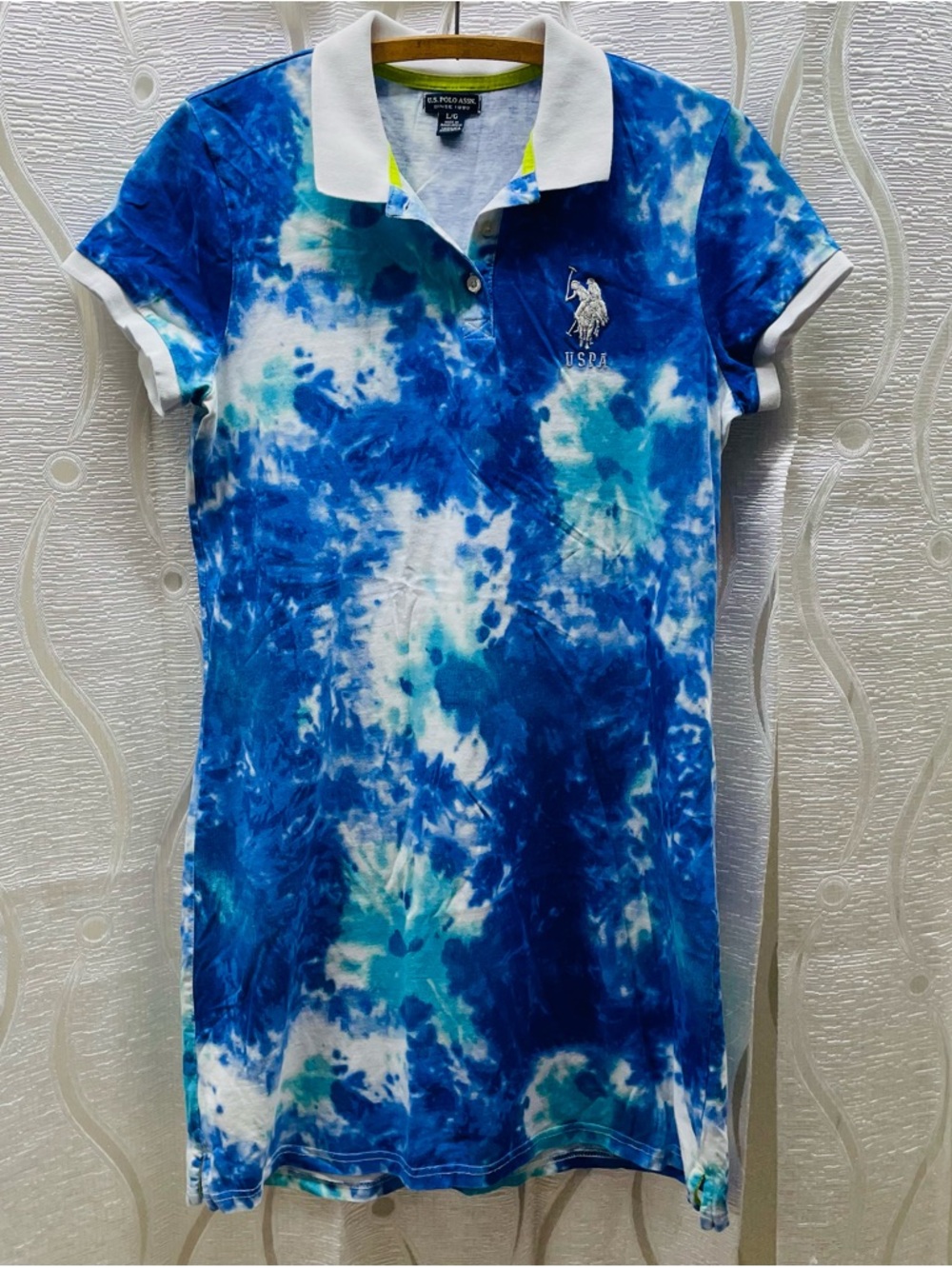 U.S. Polo Assn. Polo Dress Women Large Blue White Excellent Tie-Dye Cotton Logo
